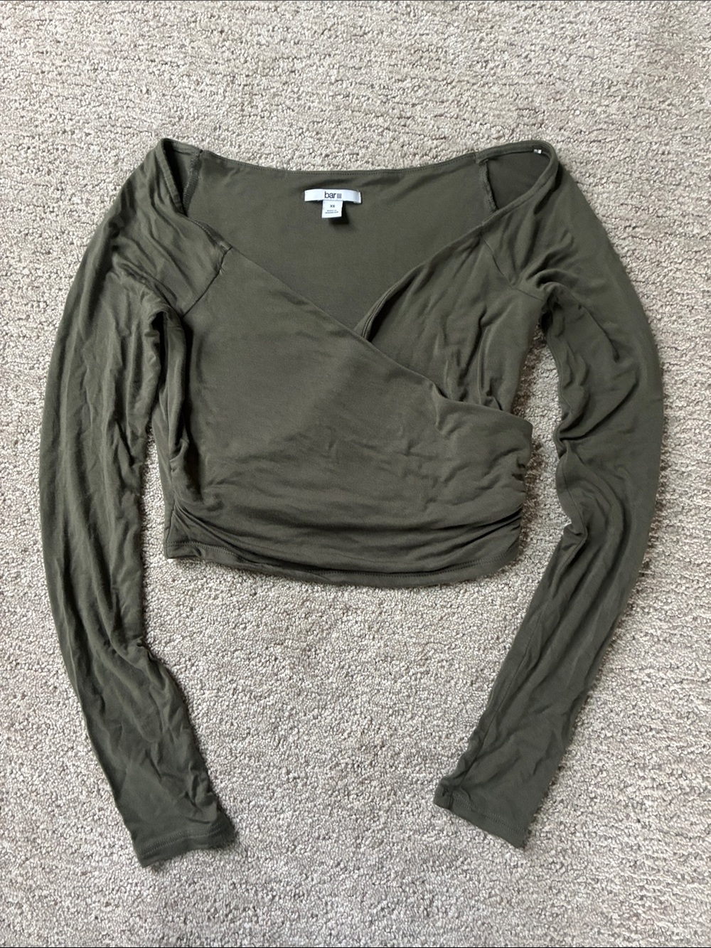 Bar III Olive Wrap-Front Long Sleeve Crop Top